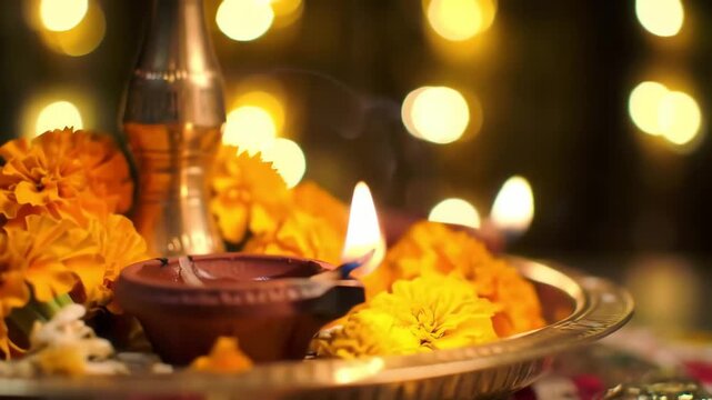 Beautifully decorated puja thali with glowing earthen diyas and marigold flowers for the sacred Chhath Puja festival