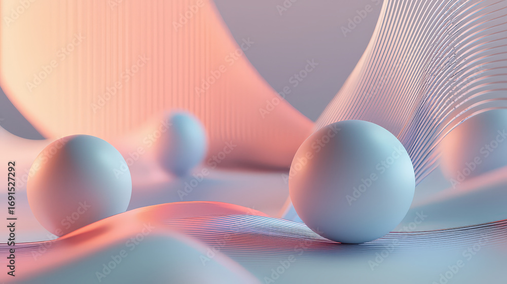 Poster serene abstract composition featuring smooth spheres and flowing lines in soft pastel colors, creati