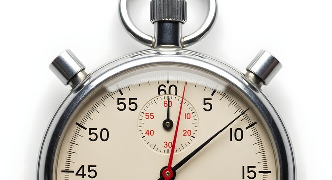 Professional analog stopwatch on a pristine white background, representing precise timekeeping, speed, and critical deadlines