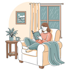 A young woman reading a book in a cozy armchair on a rainy day.
