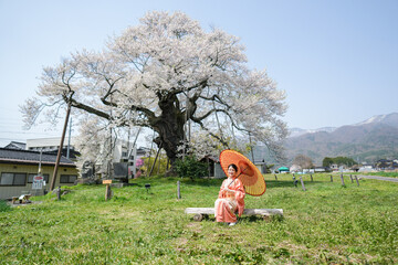 A woman sits under an umbrella in a grassy field. The scene is peaceful and serene, with a large...