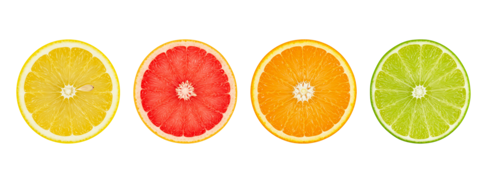 Four sliced citrus fruits in a row on transparent background