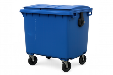 Closed mobile waste container, dark gray plastic, standing isolated on clean white background