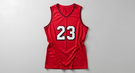 Classic red basketball jersey with the number 23 in a flat lay style
