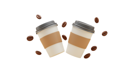 Two to go coffee cups surrounded by coffee beans on a transparent background