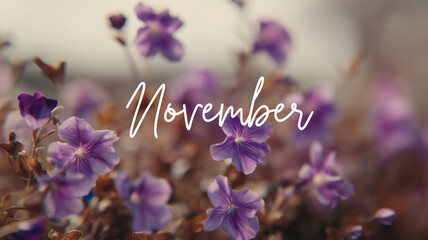 11月を象徴する美しい花々と秋の自然の風景を背景に「November」の文字がデザインされた幻想的なイメージ写真、秋の季節感と自然美を感じられる高品質な写真素材