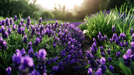 Obraz premium Close up of blooming lavender fields under soft golden sunlight, creating serene and tranquil atmosphere