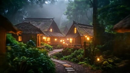 Enchanting Wooden Cottages in Misty Forest at Night - Powered by Adobe