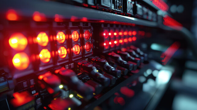 Close up of server rack with illuminated red lights, showcasing technology and digital equipment in modern data center - Powered by Adobe
