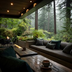 Fototapeta premium Cozy covered patio with comfortable seating and lush greenery