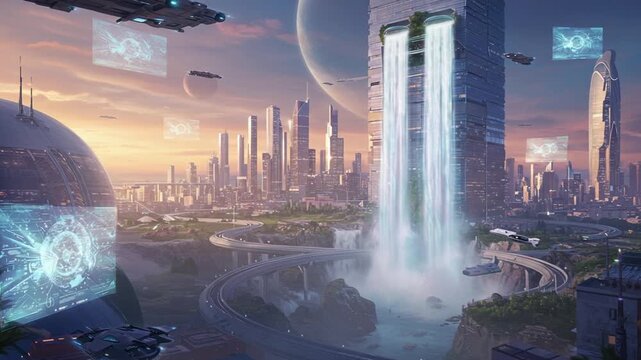 Futuristic cityscape with waterfalls and hovercrafts