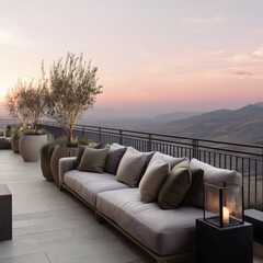 Luxury outdoor sofa on a terrace with mountain view
