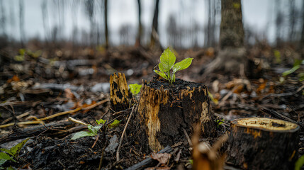 Obraz premium Close up of tree stump with new green growth emerging from soil, surrounded by deforested land and fallen leaves, symbolizes resilience