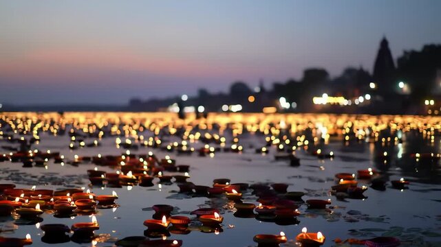 Beautiful Chhath Puja celebrations as devotees offer prayers with illuminated diyas floating on a river at dusk