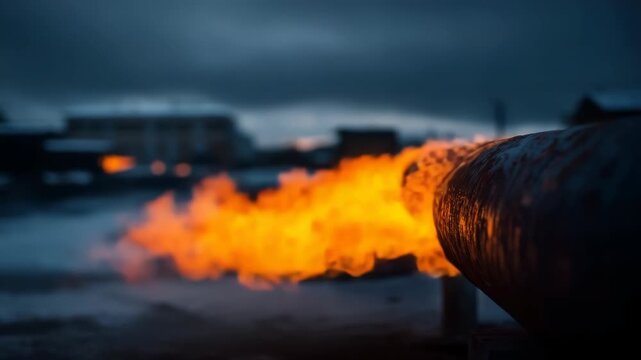 Gas flare burning from a pipeline in winter landscape at dusk