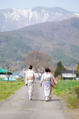 Naklejka premium Two women in traditional Japanese clothing walk down a road. The road is surrounded by mountains and trees. The women are walking together, and the scene has a peaceful and serene atmosphere