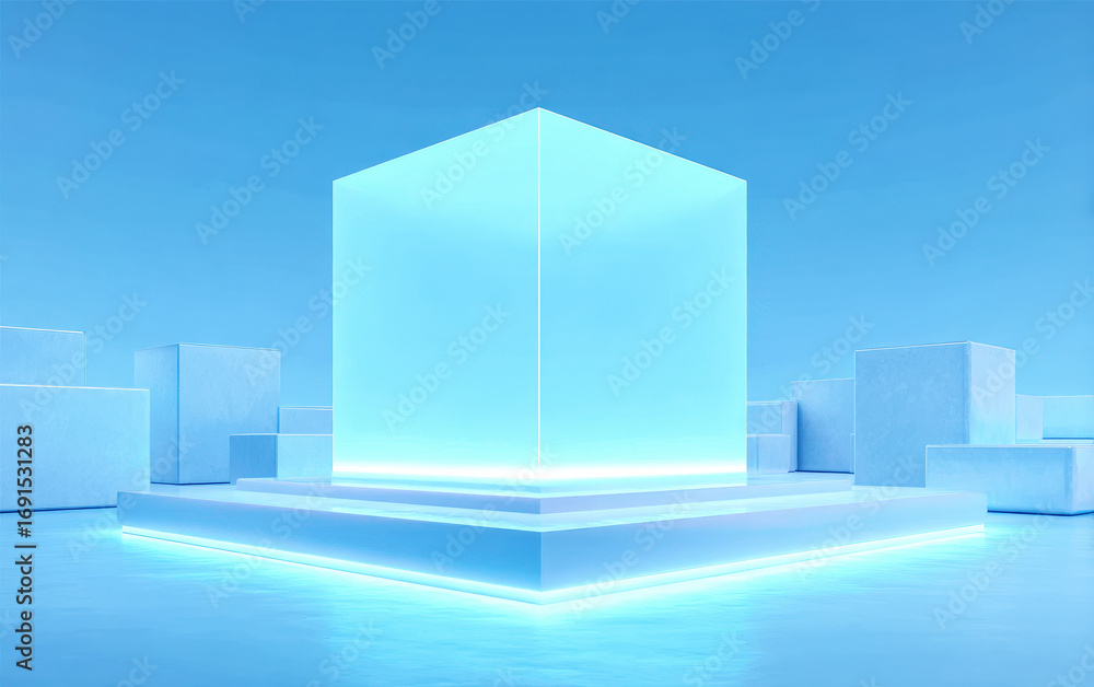 Aufkleber glowing blue cube with surrounding geometric shapes in a modern setting