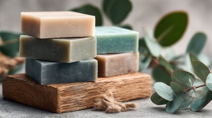 Stacked colorful natural soaps on wooden board