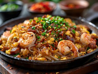 Char Kway Teow，A sizzling plate of Char Kway Teow, showcasing wide rice noodles stir-fried with shrimp, Chinese sausage, bean sprouts, eggs, and chives, all seasoned with a savory dark soy sauce.