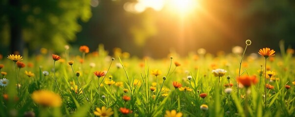 Golden hour sunlight bathes a lush green meadow dotted with wildflowers, creating a vibrant summer landscape  Perfect for nature, summer, and travel themes ,  sky,  field,  wildlife