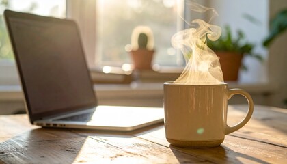 The Steaming Mug. An ultra-realistic, close-up photograph of a steaming, unbranded ceramic mug of coffee or tea sitting next to an open laptop on a wooden desk.
