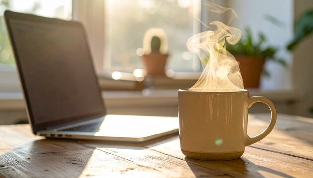 The Steaming Mug. An ultra-realistic, close-up photograph of a steaming, unbranded ceramic mug of coffee or tea sitting next to an open laptop on a wooden desk.
