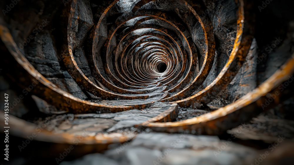 Poster abstract paths of twisting lines in muted colors create mesmerizing tunnel effect, evoking sense of 
