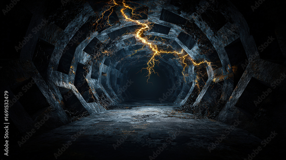 Aufkleber dark tunnel with abstract geometric shapes, illuminated by electric lightning, creating mysterious a