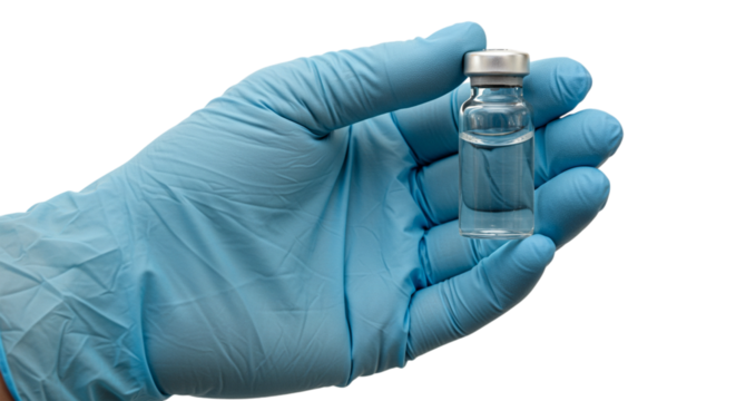Gloved hand holds small vial of clear liquid against transparent background
