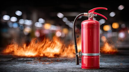 Obraz premium Red fire extinguisher in front of a blazing fire