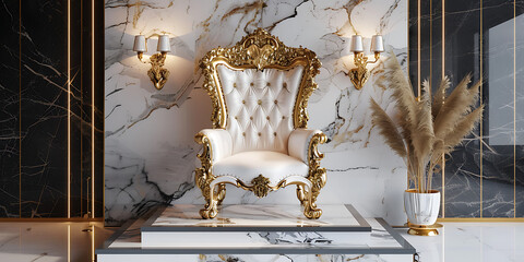 Luxurious ornate white and gold throne chair in an opulent marble interior