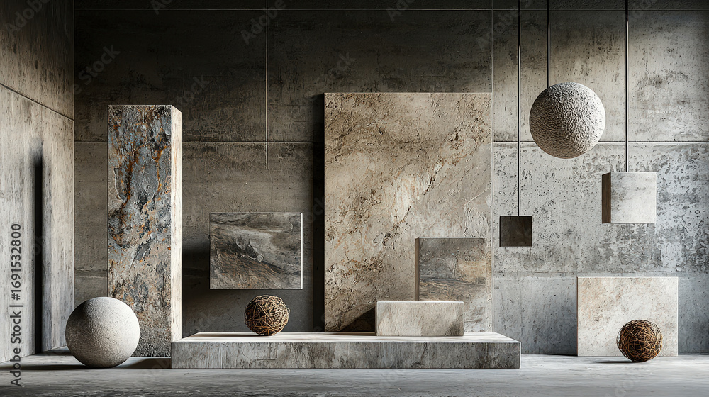 Poster abstract composition of layered textures featuring geometric shapes and neutral tones, creating mode