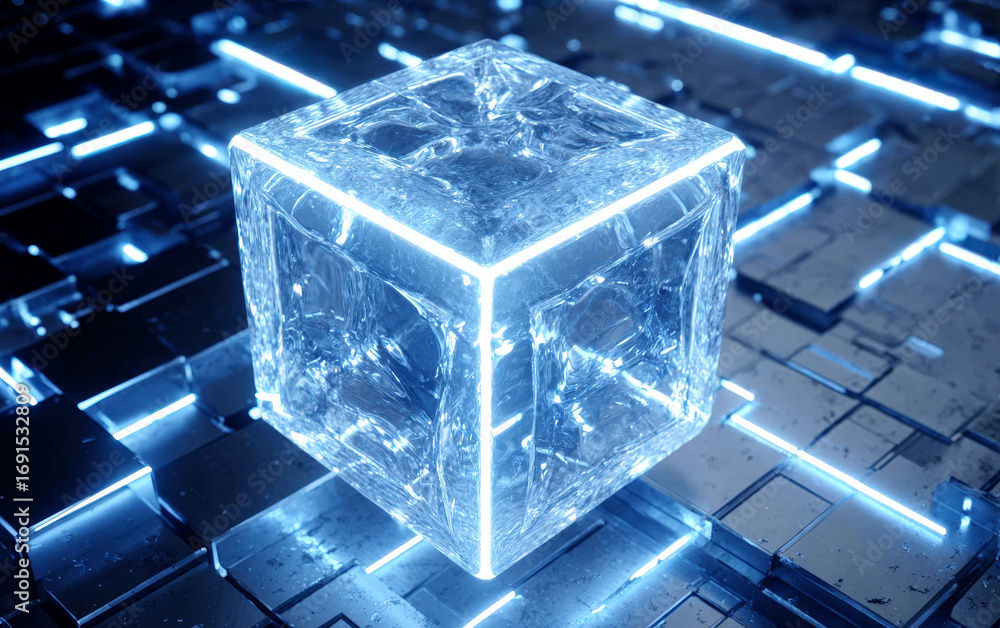 Poster glowing transparent cube on high-tech circuit background