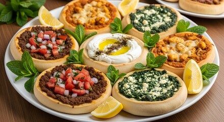 Assorted Savory Tarts with Fresh Ingredients, Restaurant Dining Table, Food Photography, Cozy Environment, Top View, Gastronomy Concept