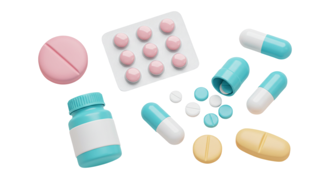 Collection of various pharmaceutical pills capsules and bottle on transparent background