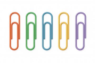 Five colorful paperclips are standing on a transparent background, ready to be used for your creative projects