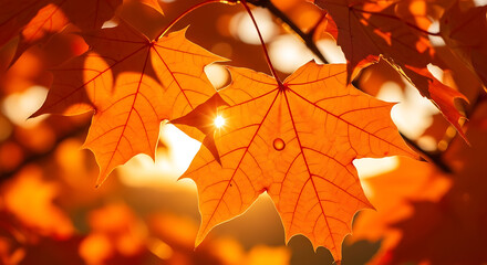 Close-up of vibrant orange maple leaves, capturing the sunlight's glow in an autumn landscape