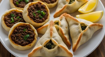 Delicious Middle Eastern Pastries and Savory Pies Served on a Plate with Fresh Lemon Slices in a Cozy Kitchen Setting