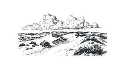 Pencil sketch of rolling sand dunes with sparse vegetation and dramatic clouds. Vector hand drawn illustration
