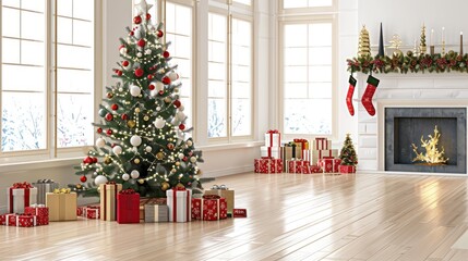 Festive Christmas Living Room Decor with Decorated Tree and Gift Boxes