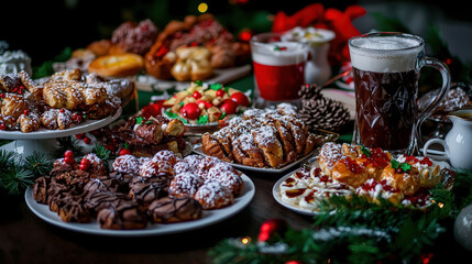 Obraz premium Festive table filled with traditional holiday treats, including cookies, pastries, and drinks, creating warm and joyful atmosphere