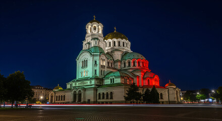 Fototapeta premium Sofia's Alexander Nevsky Cathedral Shines at Night, best for background resources , copy space