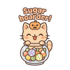 Happy chibi cat with pumpkin hat holding transparent jar full of colorful candy in cartoon style Halloween clipart png