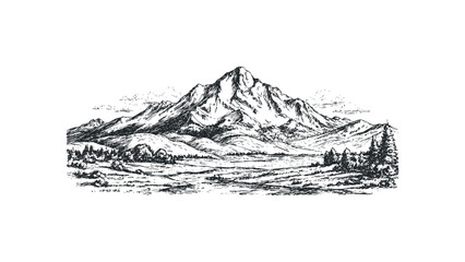 Pencil sketch of a vast mountain range and valley with trees and river. Vector hand drawn illustration