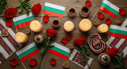 Bulgarian National Day Celebration Decor with Flags, Candles, and Roses on Wooden Background