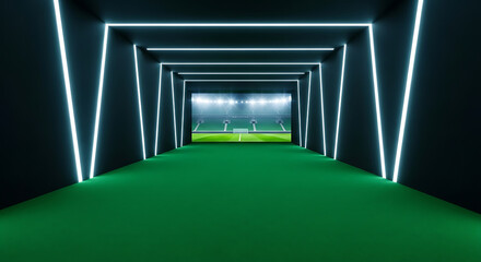 Players' tunnel leading to brightly lit stadium field.