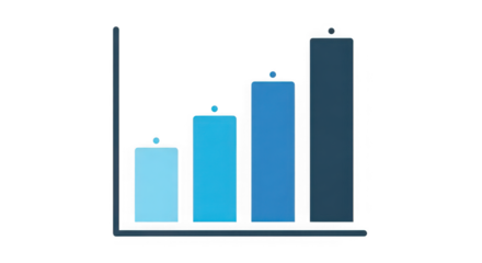Four increasing blue bars representing growth data visualization in a simple bar chart graphic transparent background