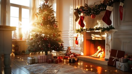 Festive Christmas Living Room Decor with Tree and Fireplace Warm Lighting Cozy Atmosphere
