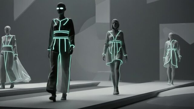 Futuristic Fashion Showcase: Stunning Models in Illuminated Attire Walk Down an Abstract Runway, Blending Technology with High Fashion in a Striking Visual Display