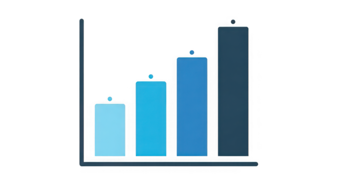 Four increasing blue bars representing growth data visualization in a simple bar chart graphic transparent background